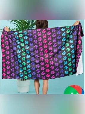 Black and Neon Pawprints Microfiber Beach Towel With Drawstring Carry Bag